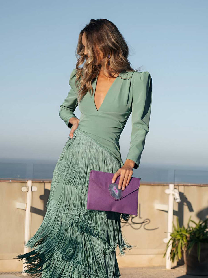 Leona – Elegantní šaty s třásněmi v barvě šalvěje