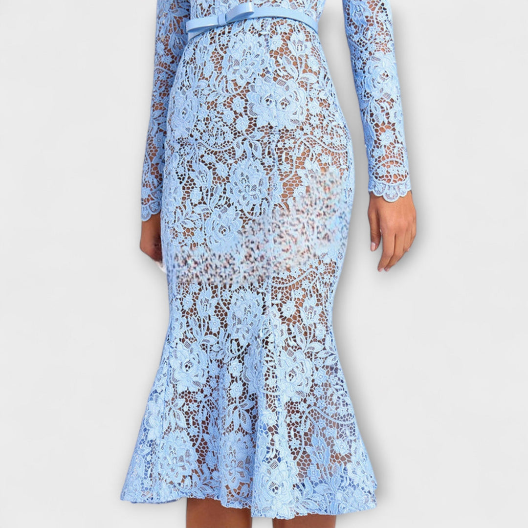 Freya - Elegantní Midi Šaty z Květnaté Krajky