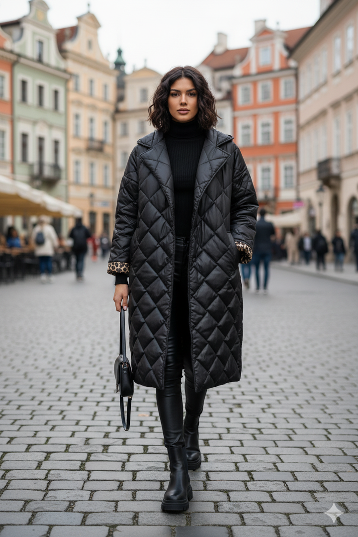 Tereza – Polodlouhý prošívaný kabát s leopardí podšívkou