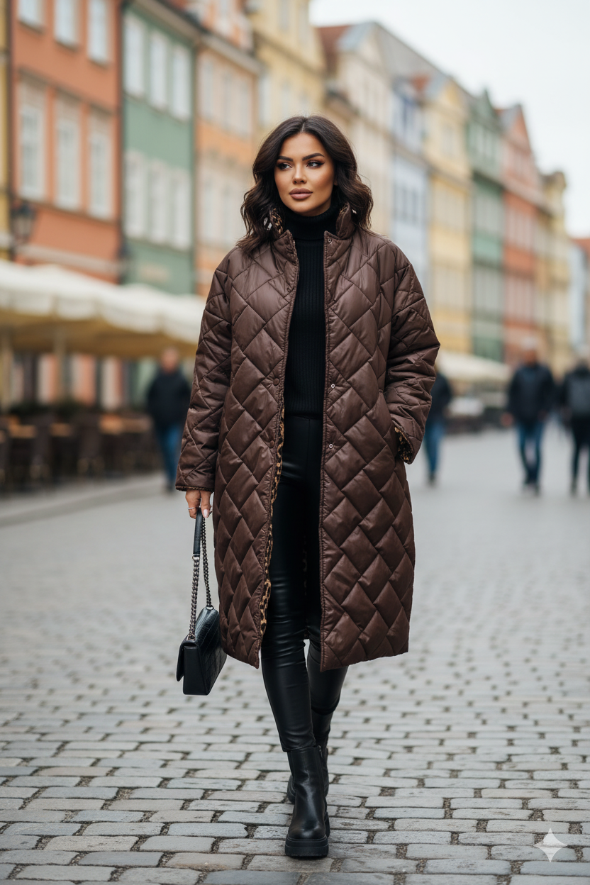 Tereza – Polodlouhý prošívaný kabát s leopardí podšívkou