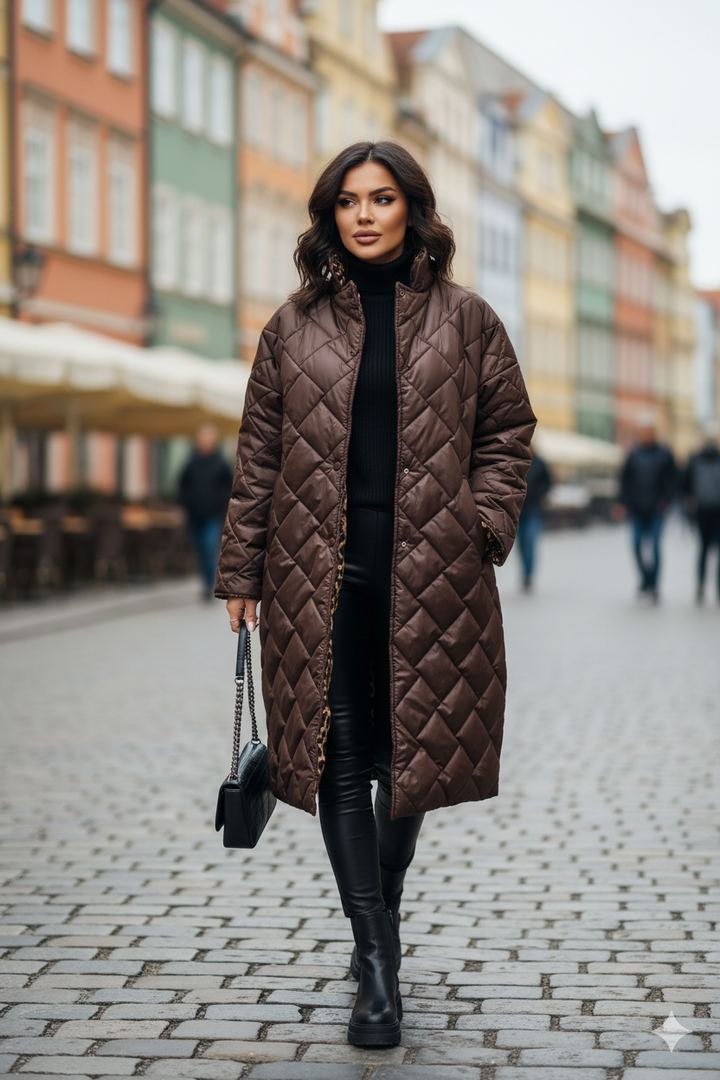 Tereza – Polodlouhý prošívaný kabát s leopardí podšívkou
