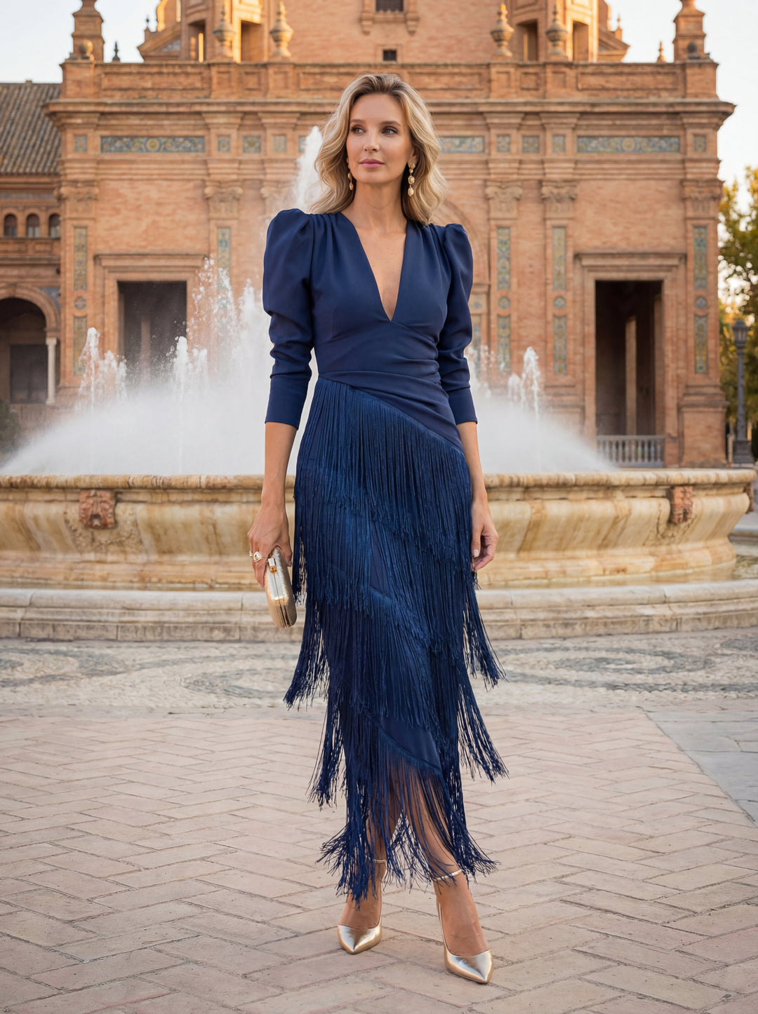 Leona – Elegantní šaty s třásněmi v barvě šalvěje