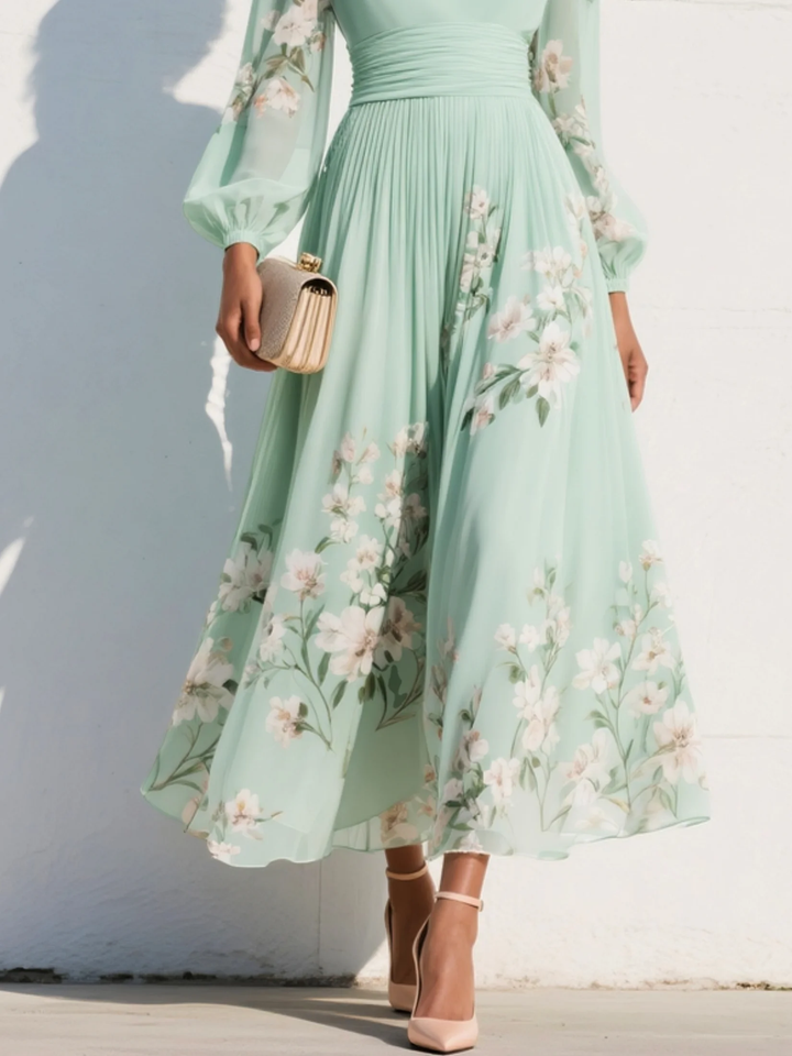 Světlezelená | Elegantní světle zelené midi šaty ze šifonu s plisovaným výstřihem do V