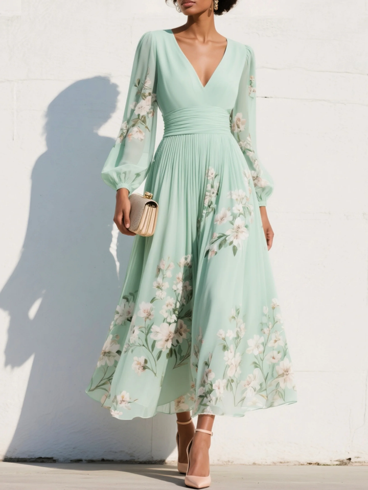 Světlezelená | Elegantní světle zelené midi šaty ze šifonu s plisovaným výstřihem do V